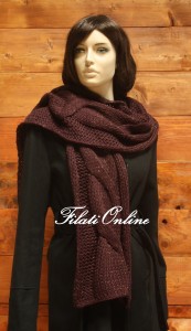 SC02 sciarpa treccione misto lana vinaccia con lurex oro misura 27x188cm e pesa 135gr costo 24€