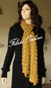 SCT1 stola punto pon pon misto mohair senape più lurex oro misura 54x160cm e pesa 185gr costo 27€