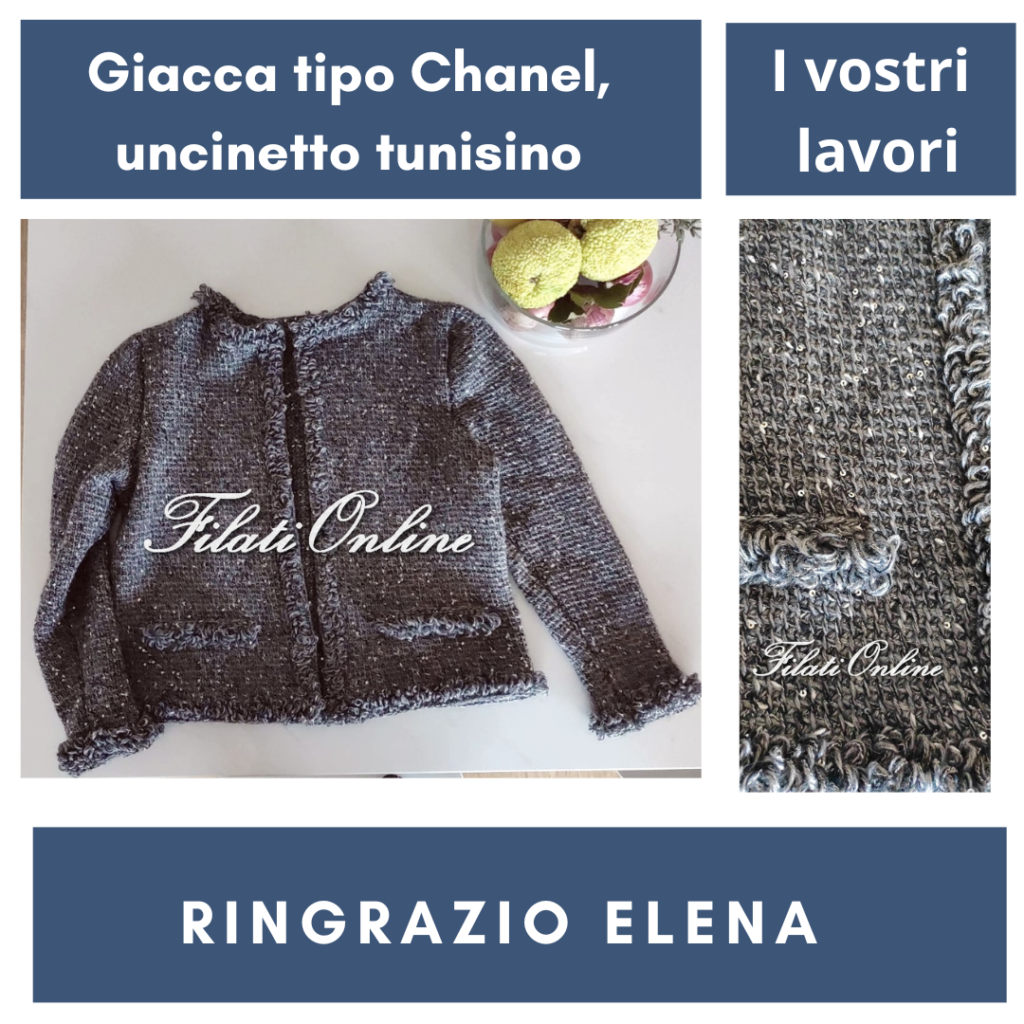 Giacca tipo Chanel, realizzata da Elena con uncinetto tunisino n.5,5 filo punto Tunisi base, i bordi a punto pelliccia con uncinetto normale n. 3,5 filo messo doppio. Taglia 44/46 peso: 672 gr